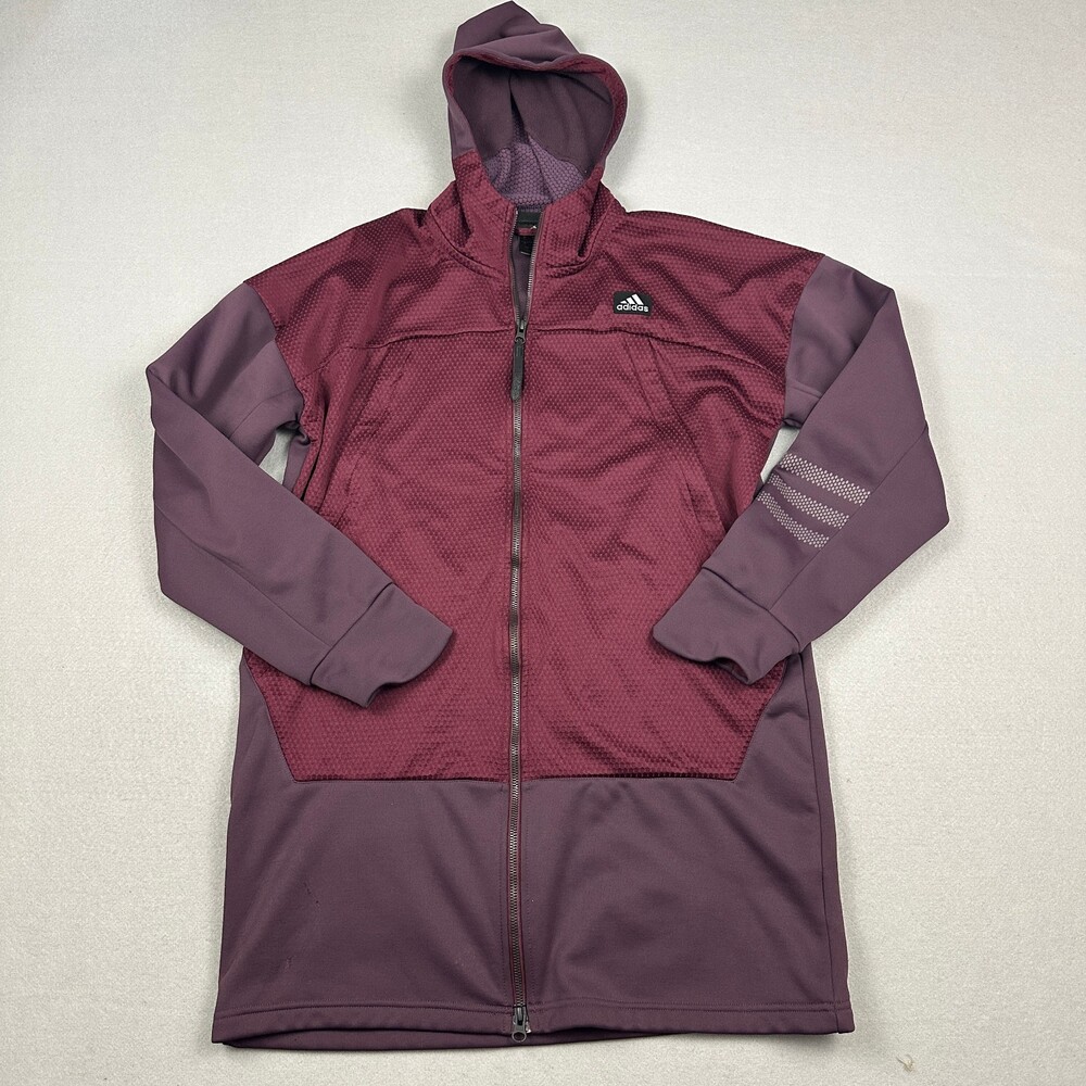 Adidas Jacket Men Large Burgundy Full Zip Hood Basketball Warm Up Training L *